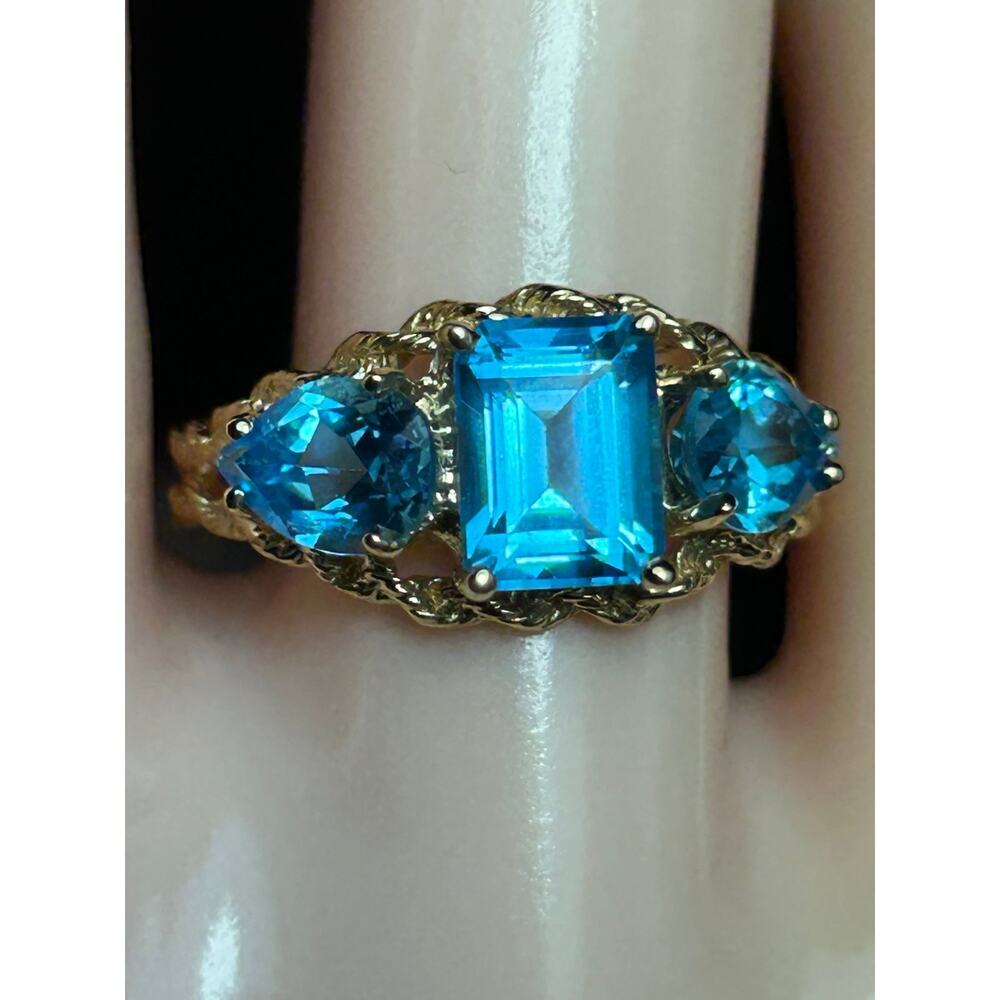 14k solid yellow gold Swiss blue topaz gemstone twist chain design cluster ring